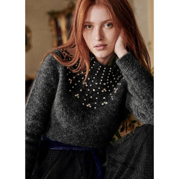 Sezane Sweaters - EUC Sezane Regina Rhinestone Pearl Mohair Wool Sweater Charcoal Small